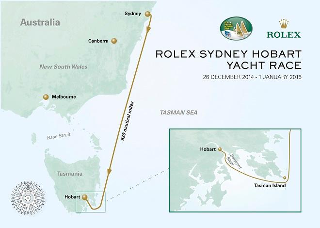 Rolex Sydney Hobart course map - The 628nm racecourse leads the fleet from Sydney down the New South Wales coast of the Tasman Sea and across the Bass Strait to Hobart. © Rolex/KPMS