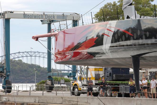 The supermaxi, Comanche (JIm and Kirsty Clark) goes in the water at Woowich dock, Sydney  ©  Andrea Francolini Photography http://www.afrancolini.com/