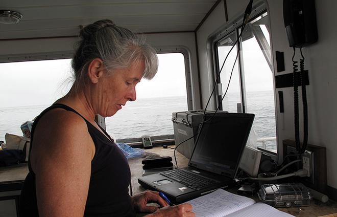 WHOI researcher Vicke Starczak records times when internal waves appear, when fish and sharks appear on the underwater video camera and on the echosounder, and when whales and small fish are present on the surface. © Leslie Baehr WHOI