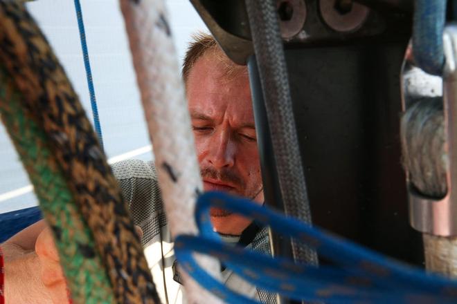 Leg 2, Day 19 - Kevin Escoffier onboard - Mouse lining the halyards onboard Dongfeng - Volvo Ocean Race 2014-15 © Yann Riou / Dongfeng Race Team