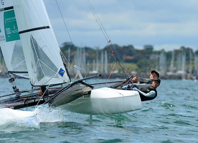 Jason Waterhouse and Lisa Darmanin (AUS) - ISAF Sailing World Cup Melbourne 2014. &copy; Jeff Crow/ Sport the Library http://www.sportlibrary.com.au