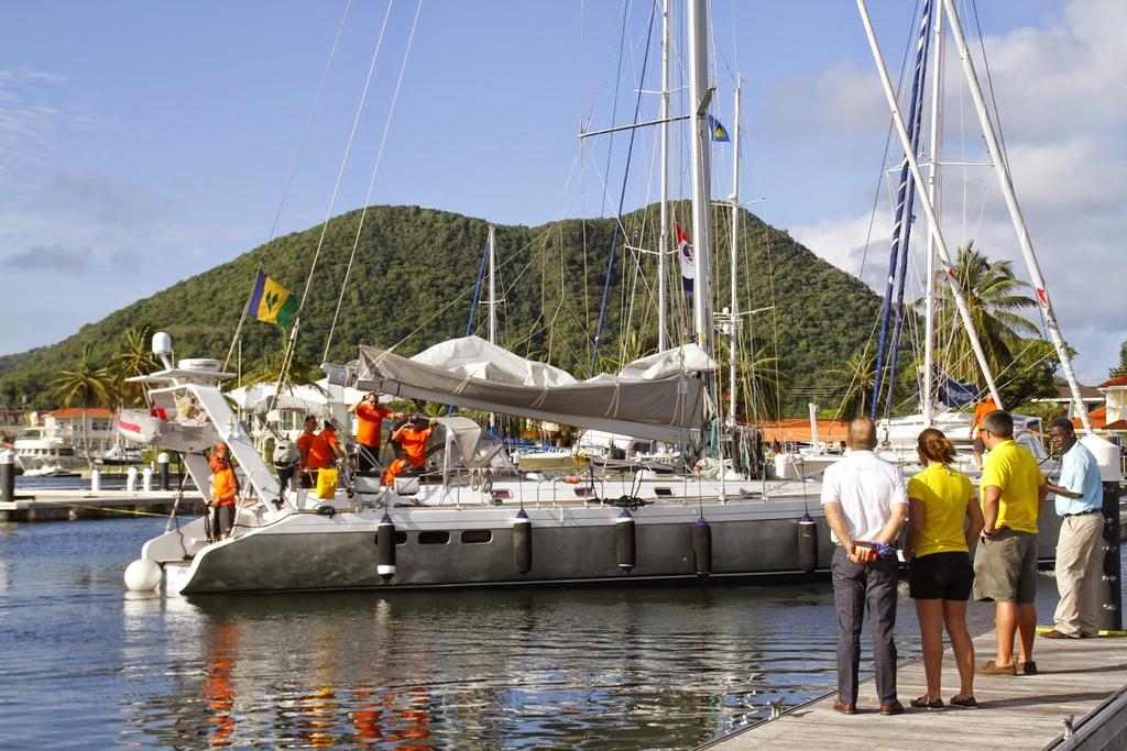 ARC+ 2014 - First ARC+ boat Eleonora 2 welcomed by ARC rally control, IGY Marinas and the Saint Lucia Tourist Board on arrival. © WCC / Joao Buraca
