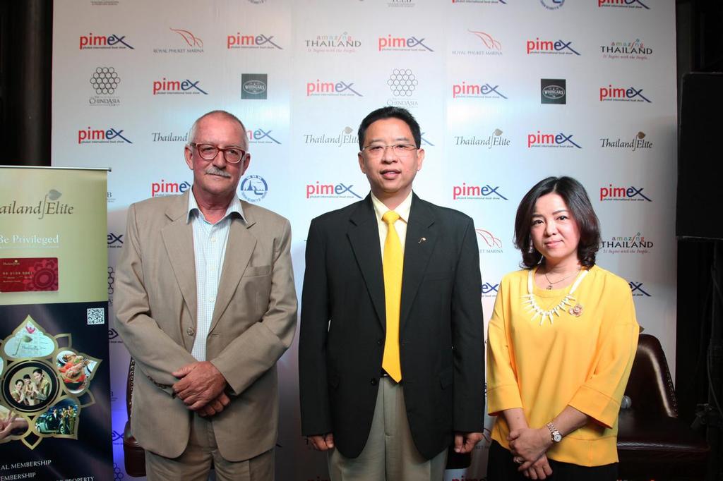 Pictured from left: Andy Dowden, PIMEX Show Director; Mr. Apisit Chuenchompoo, President, Thailand Privilege Card Co., Ltd. (Thailand Elite);  Ms. Jaruwan Suwannasat, Director of Exhibitions & Events, Thailand Convention & Exhibition Bureau. - Phuket International Boat Show 2015 photo copyright Event Media taken at  and featuring the  class