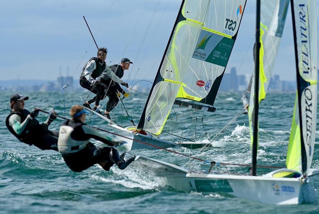 49er racing action on day 1 of the ISAF Sailing World Cup - Melbourne 2014. © Jeff Crow/ Sport the Library http://www.sportlibrary.com.au