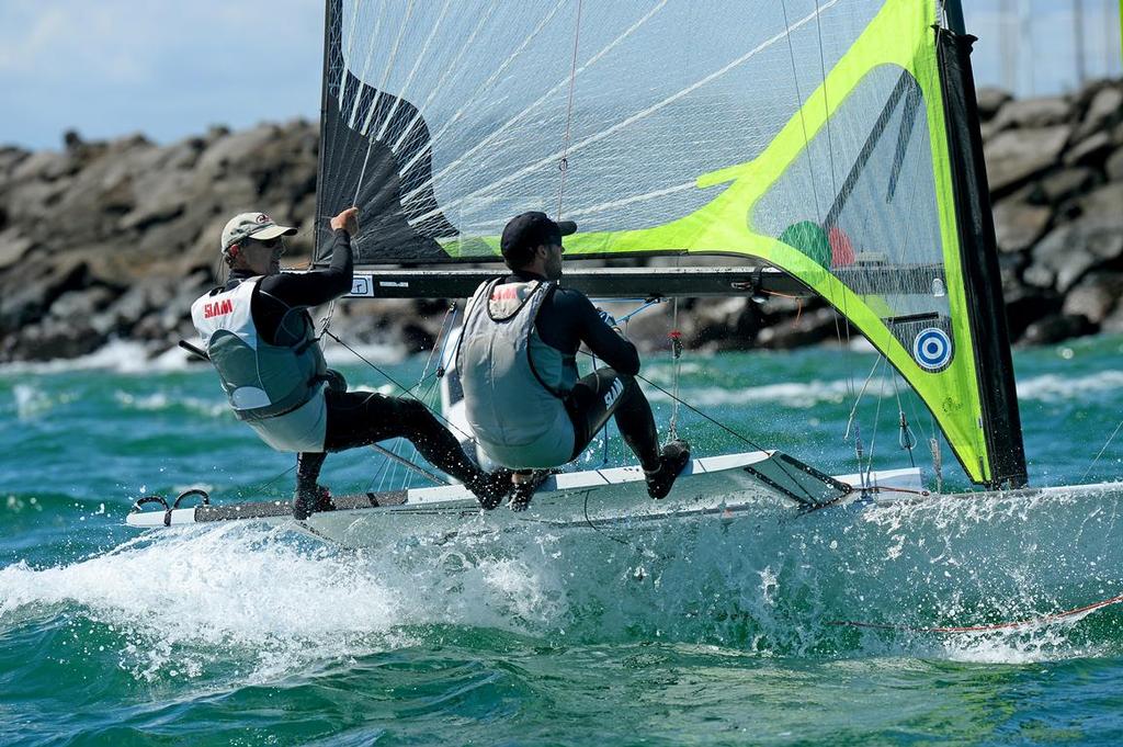 Yachting Victoria President Ian Cunningham sailing with his son David - ISAF Sailing World Cup - Melbourne 2014.  © Jeff Crow/ Sport the Library http://www.sportlibrary.com.au