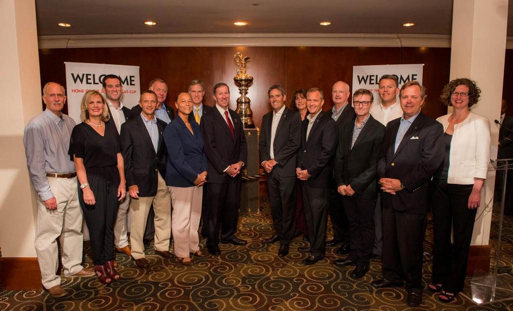 Dignitaries pose in Bermuda on the arrival of the America’s Cup Trophy in the island &copy; Chris Burville/ACEA http://www.americascup.com