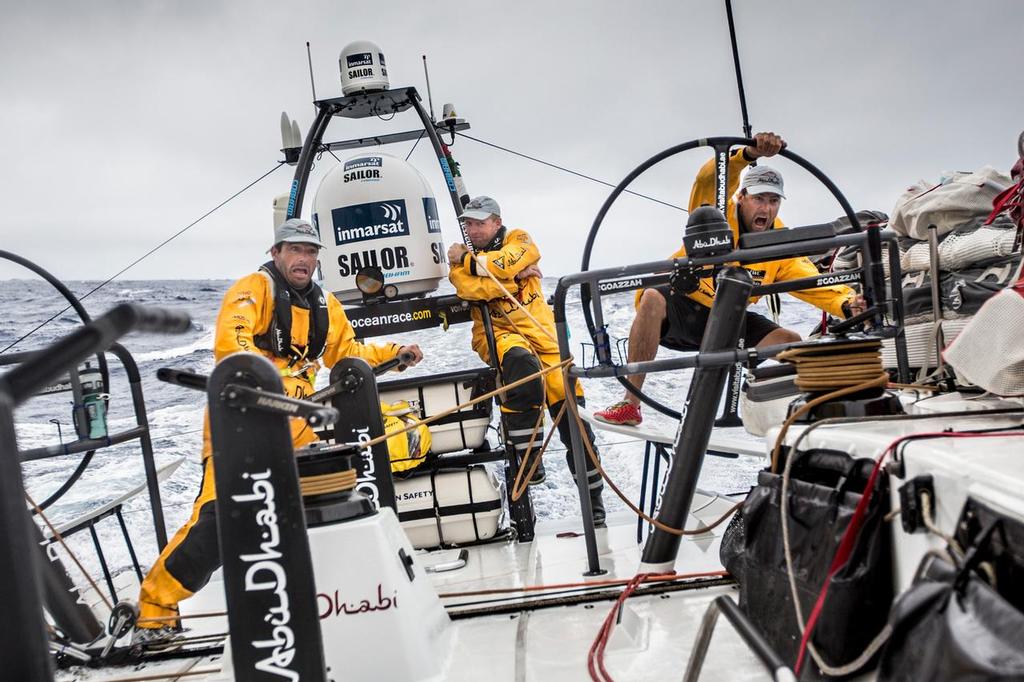 November 29, 2014. Roberto Bermudez de Castro, aka Chuny, Justin Slattery and Daryl Wislang exaggerate the conditions while sailing through the tropical depression. © Matt Knighton/Abu Dhabi Ocean Racing