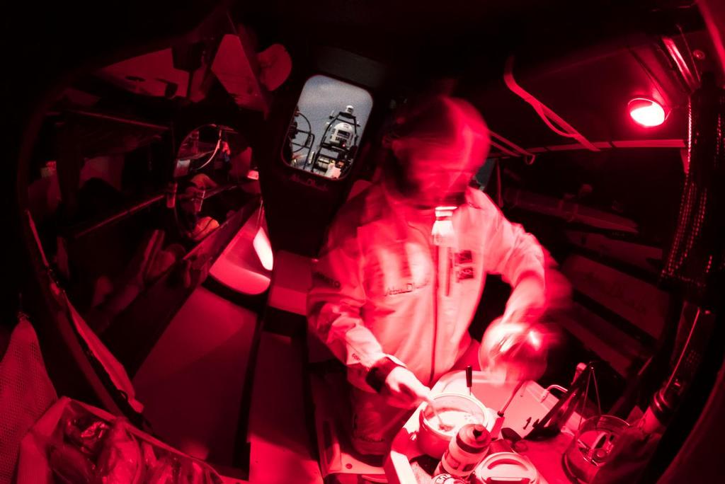 December 8, 2014. Leg 2 onboard Abu Dhabi Ocean Racing. Preparing some food for watch team 2, ready for their night watch. © Matt Knighton/Abu Dhabi Ocean Racing