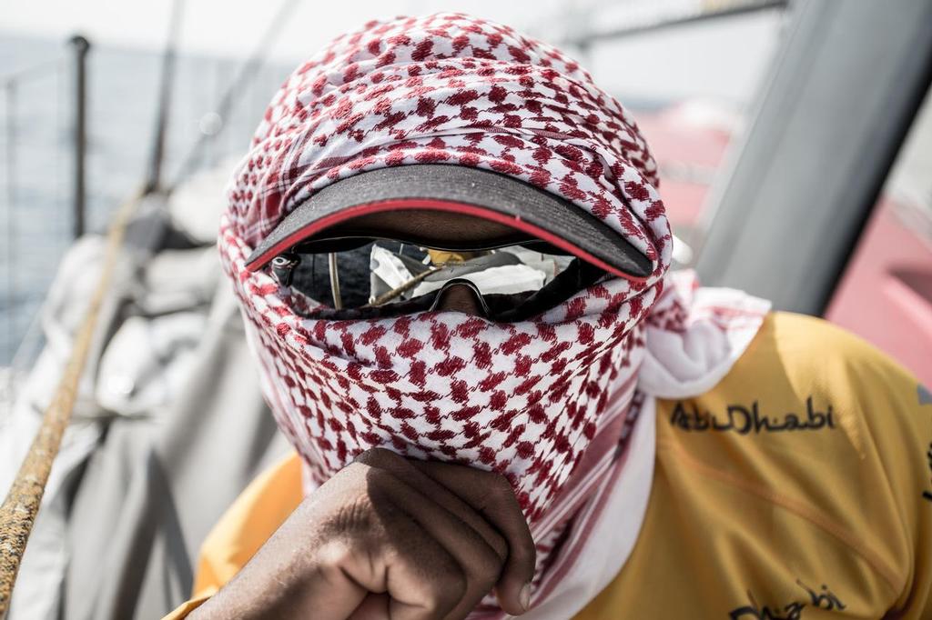 January 5, 2015. Leg 3 onboard Abu Dhabi Ocean Racing. Adil Khalid wore his ``Arabian Sunscreen`` all day to fend of the beating sunlight.  Local knowledge always wins. photo copyright Volvo Ocean Race http://www.volvooceanrace.com taken at  and featuring the  class