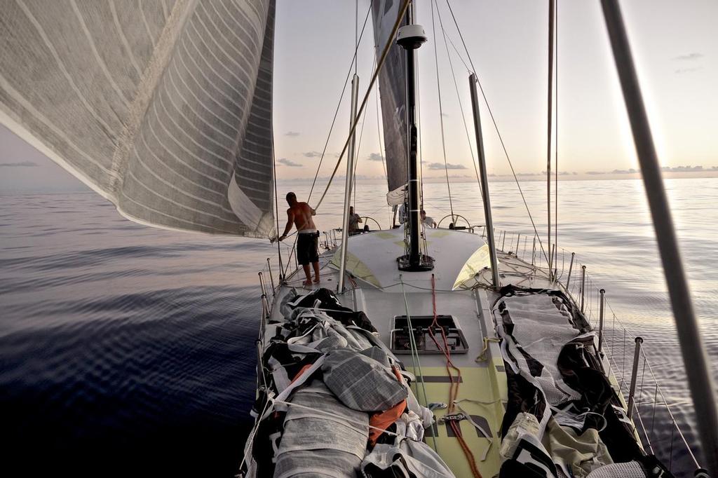 December 1, 2014. Leg 2 onboard Team Brunel. Calm water, weight forward, sails flapping; Brunel reach the doldrums. © Stefan Coppers/Team Brunel