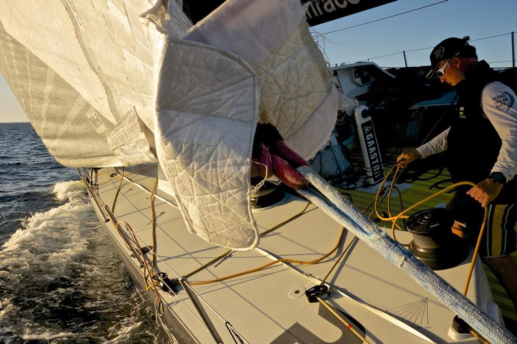 December 10, 2014. Leg 2 onboard Team Brunel. The life onboard for a bowman during the fight to keep ahead of Dongfeng Race Team and Abu Dhabi Ocean Racing.  © Stefan Coppers/Team Brunel