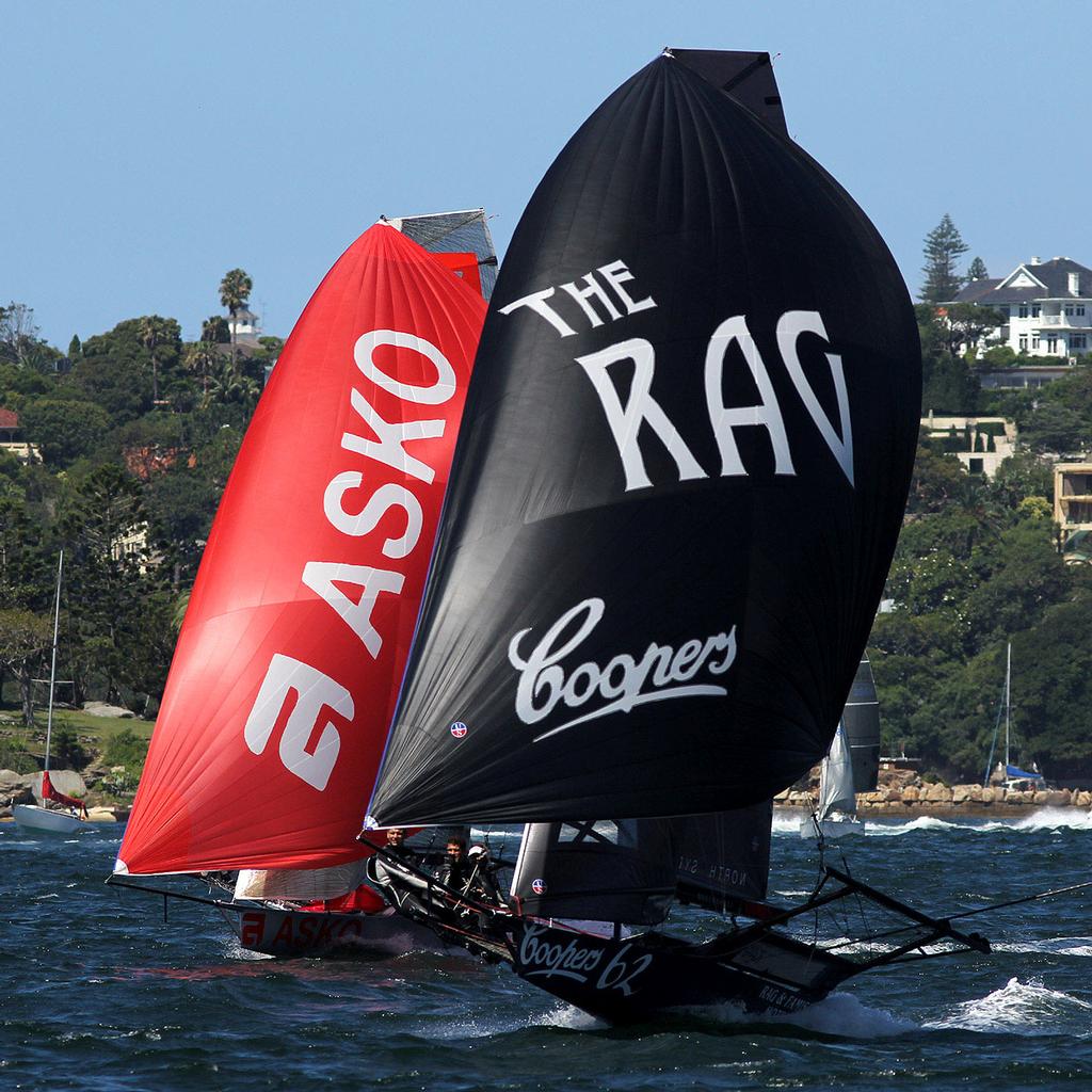 Coopers 62-Rag and Famish Hotel leads Asko Appliances on the run between Shark and Clarke Islands - Australian 18 Footers, League, Syd. Barnett Memorial Trophy,  Sunday, 14 December 2014, Sydney Harbour. photo copyright Australian 18 Footers League http://www.18footers.com.au taken at  and featuring the  class