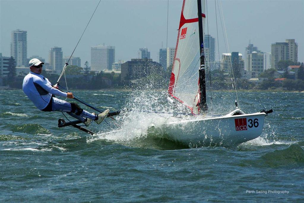 Grand Master Ian Renlison in flight photo copyright  Rick Steuart / Perth Sailing Photography http://perthsailingphotography.weebly.com/ taken at  and featuring the  class