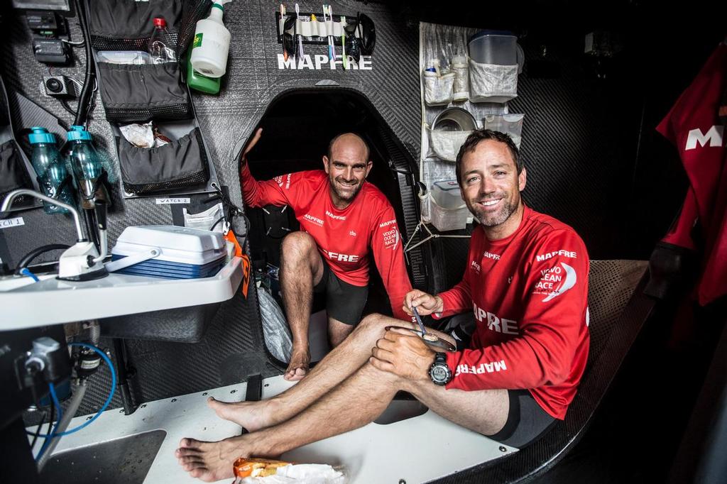 December 9, 2014. Leg 2 onboard MAPFRE. Iker Mart’nez and Xabi Fernandez resting and refuelling. photo copyright Francisco Vignale/Mapfre/Volvo Ocean Race taken at  and featuring the  class