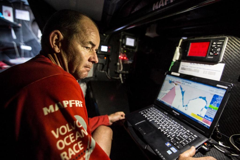 Leg 3 onboard MAPFRE. Approaching the Straits of Malacca, Jean Luc Nelias at the navigation desk. photo copyright Volvo Ocean Race http://www.volvooceanrace.com taken at  and featuring the  class