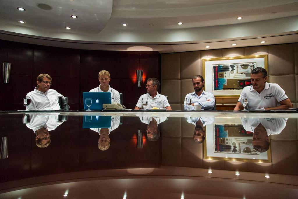 Press Conference with Team Vestas Wind and  Volvo Ocean Race in Abu Dhabi. From left: Knut Frostad, Wouter Verbraak, Chris Nicholson, Morten Albaek, Morten Kamp (Team Vestas Wind CEO), Morten Jorgensen Kemp (Moderator) © Brian Carlin - Team Vestas Wind