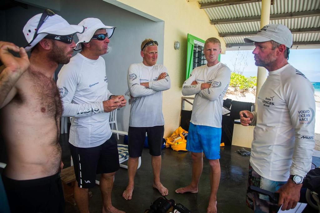 Team Vestas Wind crew have a debrief in the Cargados Carajos Shoals Hilton © Brian Carlin - Team Vestas Wind