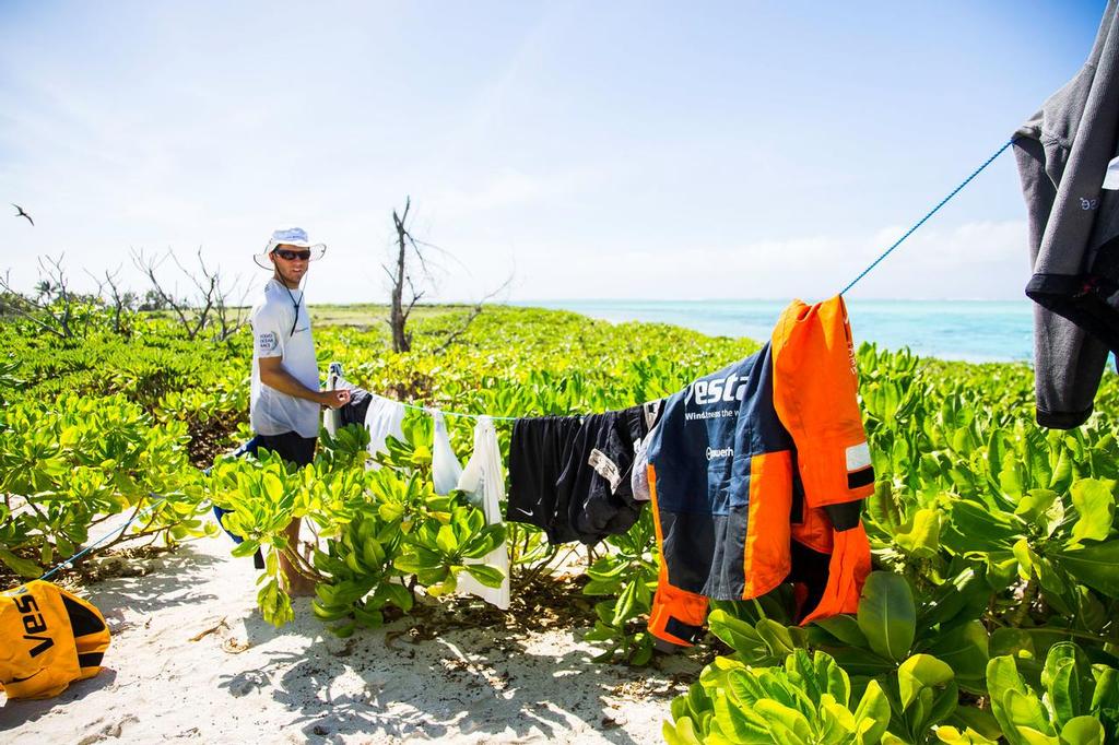 Team Vestas Wind aground on Cargados Carajos Shoals. Gear drying on the atoll © Brian Carlin - Team Vestas Wind