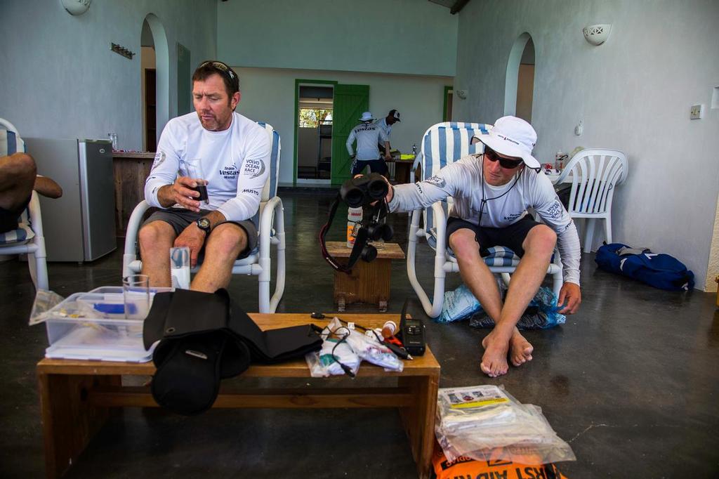 Tony Rae (left in a contemplative mood in the Cargados Carajos Shoals Hilton   © Brian Carlin - Team Vestas Wind