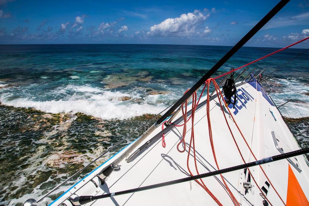 December 1, 2014. Team Vestas Wind aground  on Cargados Carajos Shoals, looking out to sea and over the edge of the reef.  © Brian Carlin - Team Vestas Wind