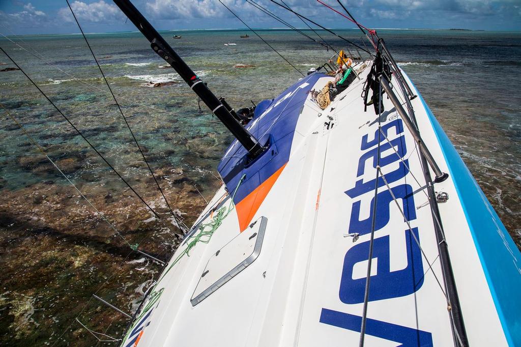Team Vestas Wind  on Cargados Carajos Shoals, looking back to the lagoon into which it is hoped to float the boat.  © Brian Carlin - Team Vestas Wind