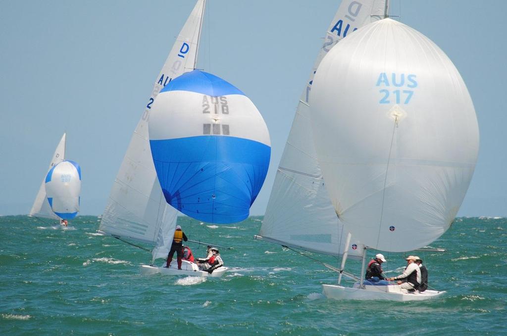 Whimsical leading fellow Sydney boat Indulgence on a windy Port Philip - Prince Philip Cup Australasian Dragon Championship 2015. photo copyright International Dragon Class of Australia taken at  and featuring the  class
