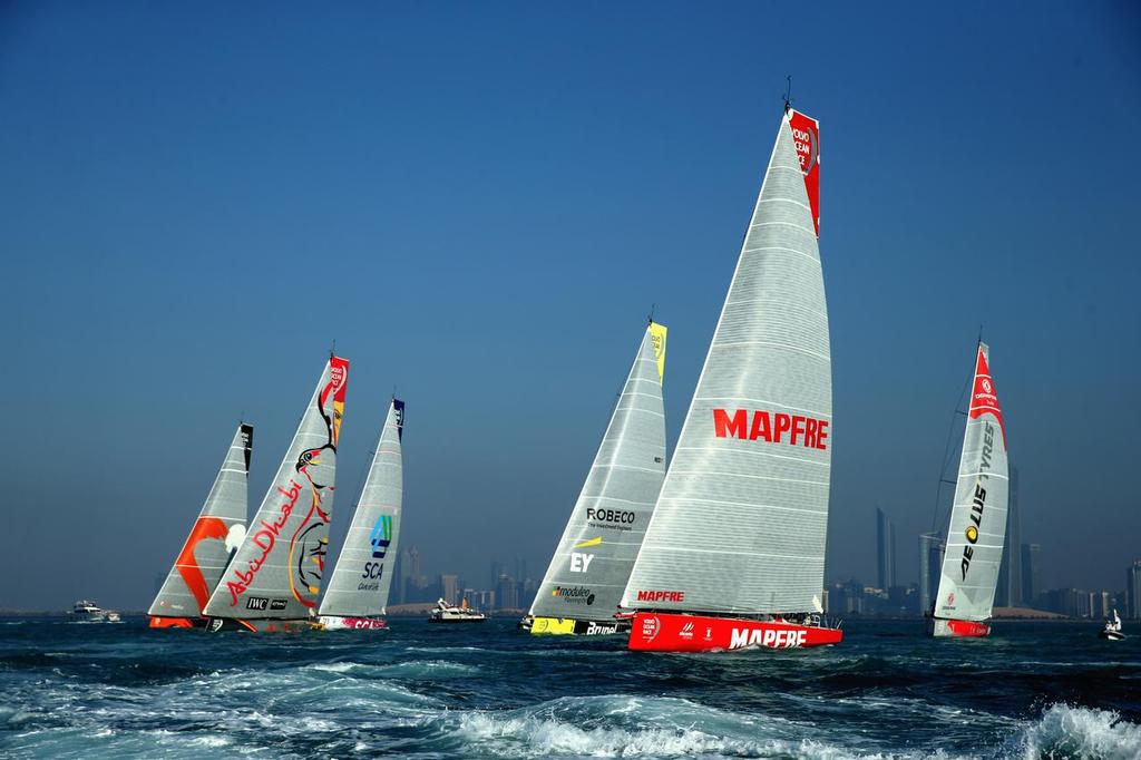 January 2, 2015. The Abu Dhabi In-Port Race; The boats are racing, MAPFRE make a good start. photo copyright Volvo Ocean Race http://www.volvooceanrace.com taken at  and featuring the  class