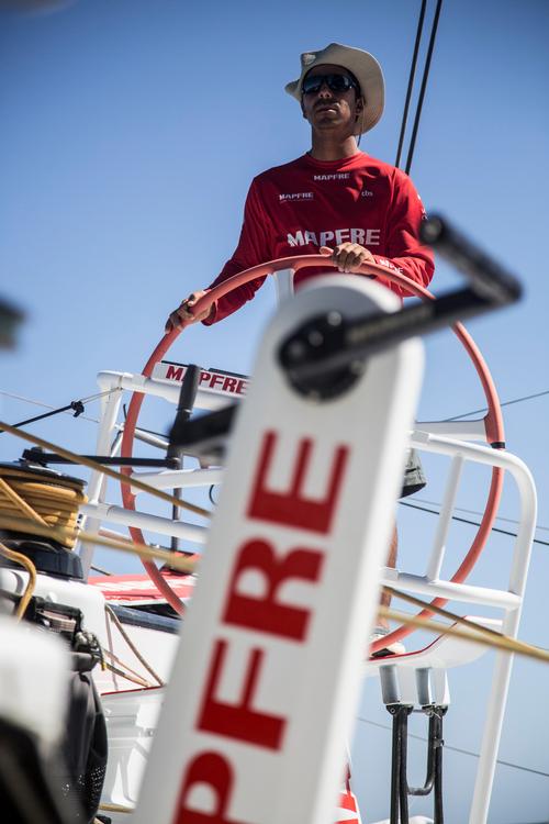 December 10, 2014. Leg 2 onboard MAPFRE. Andre Fonseca drives the boat towards Abu Dhabi. © Francisco Vignale/Mapfre/Volvo Ocean Race