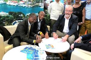 Signature de la convention avec la Région Guadeloupe De gauche à droite : Marcel Sigiscar - Ville de Pointe-à-Pitre, Alix Nabajoth - Région Guadeloupe, Bertrand Nardin - Douarnenez Courses. photo copyright  Jacques Vapillon / Mini Transat http://www.minitransat.fr taken at  and featuring the  class