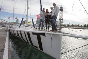 10/12/2014, Barcelona (ESP), Barcelona World Race 2014-15, ``Renault Capture`` Launch, Jörg Riechers (skipper), Mireia Belmonte (world champion swimmer, Renault Brand Ambassador, godmother of the boat), Jesus Presa (Renaut Spain Communication manager),  Sebastien Audigane (co-skipper). photo copyright Gilles Martin-Raget http://www.martin-raget.com/ taken at  and featuring the  class