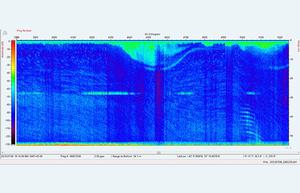 An echosounder image shows the interface between warmer, less dense water (light blue) sitting atop colder, denser water below (dark blue) - and a possible internal wave propagating along the interface. photo copyright Jesus Pineda WHOI taken at  and featuring the  class
