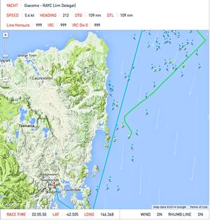 Track and location of Giacomo which has lost her rig in the Rolex Sydney Hobart Race at 1800hrs on December 28, 2014 photo copyright Rolex Sydney Hobart taken at  and featuring the  class