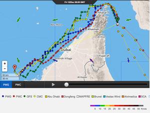 Just on minute separates the two lead boats as they approach the final major turning point of Leg 2 entering the Arabian Sea photo copyright PredictWind http://www.predictwind.com taken at  and featuring the  class