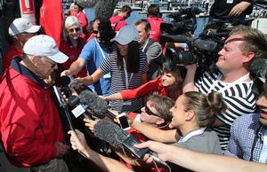 Bob Oatley confirms that Wild Oats will be back - 2014 Rolex Sydney Hobart Race finish. photo copyright Crosbie Lorimer http://www.crosbielorimer.com taken at  and featuring the  class