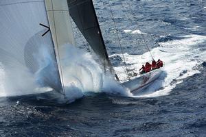 Spearing her way towards Hobart: Wild Oats XI charges across Bass Strait in the Rolex Sydney Hobart Race 2012 photo copyright Brett Costello/News Ltd http://www.news.com.au taken at  and featuring the  class