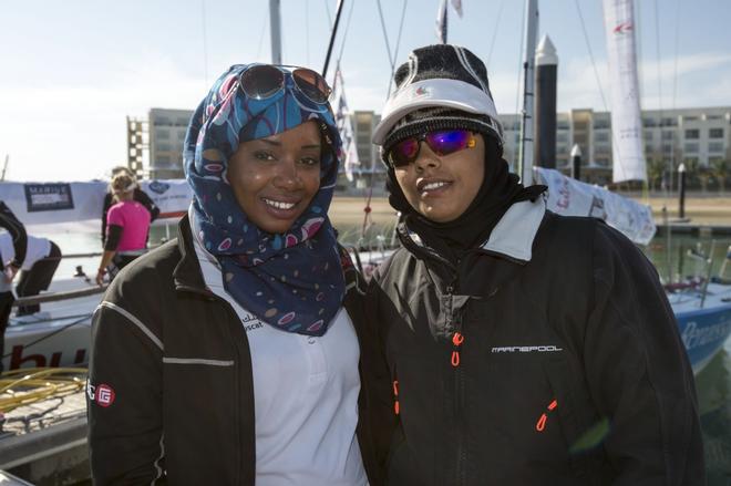 Yachts arrive at millennium resort Mussanah (L-R) Khalood Al Uraimi (OMA),Huda Al Mashrafi (OMA) Al-Thuraya Bank Muscat 22-02-14  - EFG Sailing Arabia – The Tour 2014 © Lloyd Images