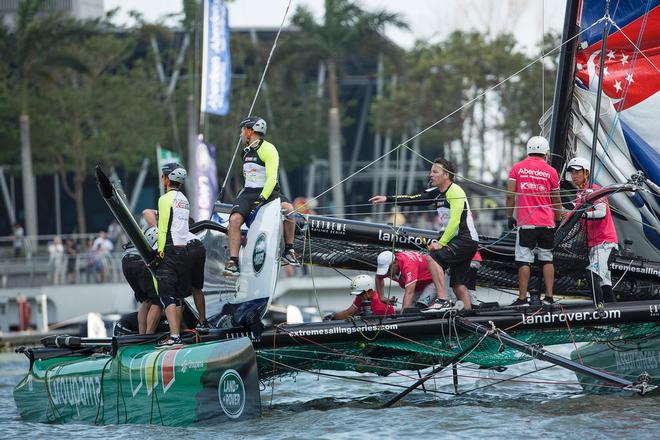 Team Aberdeen Singapore crashed into Groupama sailing team during race 20 of Act 1, Singapore.  - Extreme Sailing Series™ 2014 © Lloyd Images