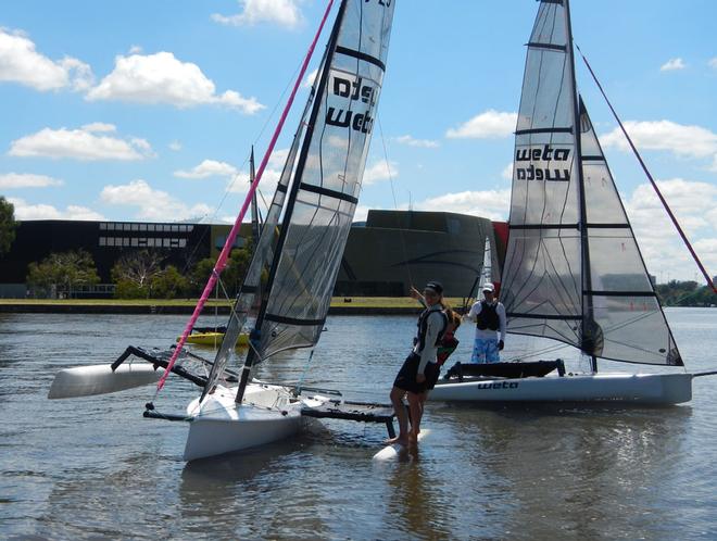 Attempt one at capsizing - need more weight! Weta Regatta, February 2014, Canberra, Australia © Miranda Powrie