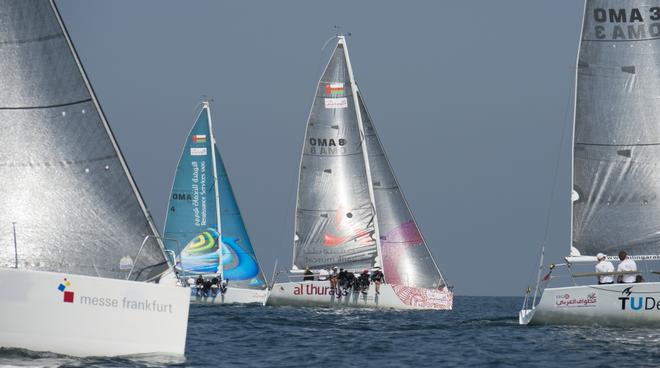 Leg seven mussanah-Muscat. EFG Bank (Monaco),Messe Frankfurt Sailing Team (EU),Team Delft Challenge – TU Delft (NED),Team Renaissance (OMA),Al-Thuraya Bank Muscat (OMA),Royal Navy of Oman (OMA) - EFG Sailing Arabia – The Tour 2014 © Lloyd Images