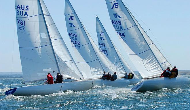 Etchells work up to the top mark in some of the fresh breeze the area is famous for. - 2014 Etchells Victorian Championship © David Jeffreys http://www.davidjeffreys.com.au/