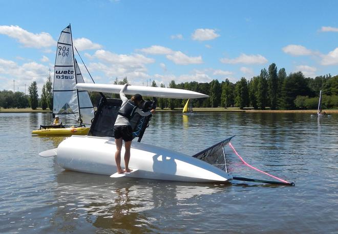 Righting the Weta- Weta Regatta, February 2014, Canberra, Australia © Miranda Powrie