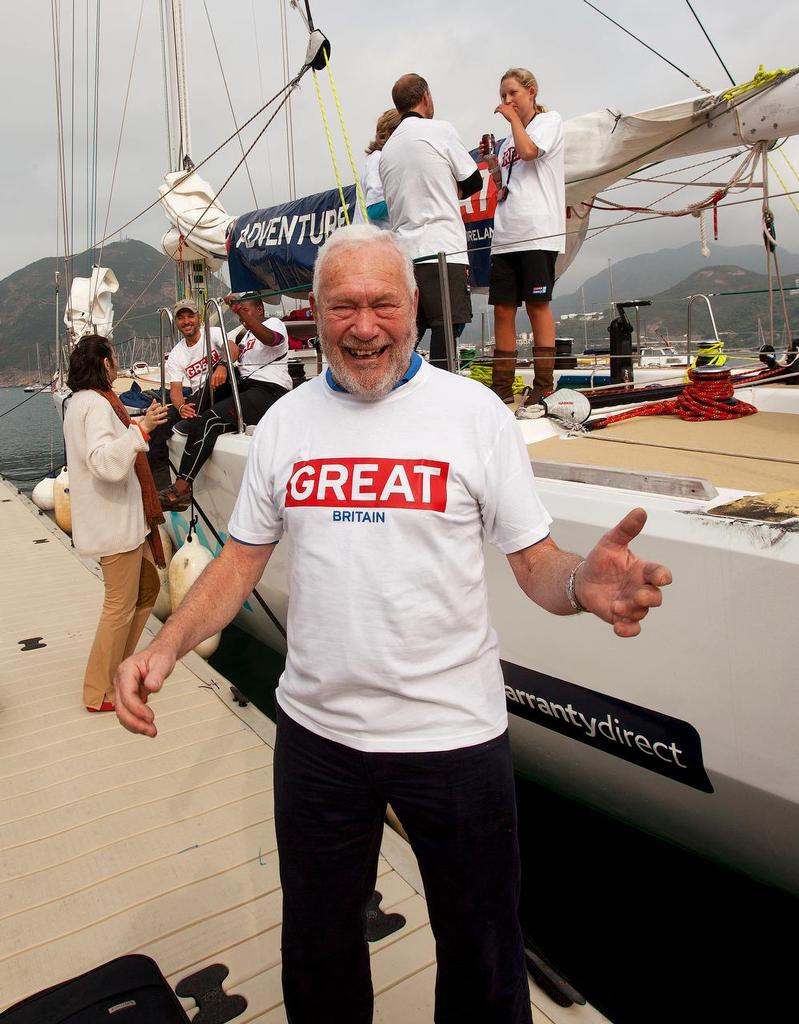 CLIPPER pitstop in Hong Kong. Sir Robin Knox-Johnston 'flies the flag', so to speak.   
 photo copyright Guy Nowell http://www.guynowell.com taken at  and featuring the  class