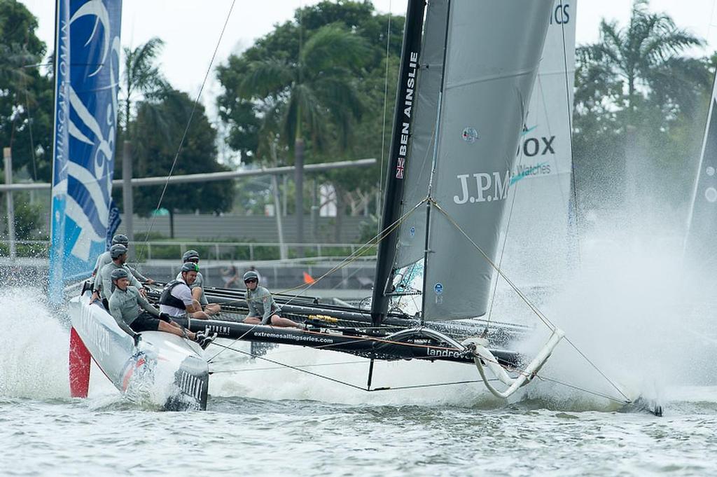 The Ben Ainslie skippered, JP Morgan BAR team under pressure from a sudden gust on Day 2 on the Extreme Sailing Series regatta being sailed in Singapore.  © Chris Cameron/ETNZ http://www.chriscameron.co.nz