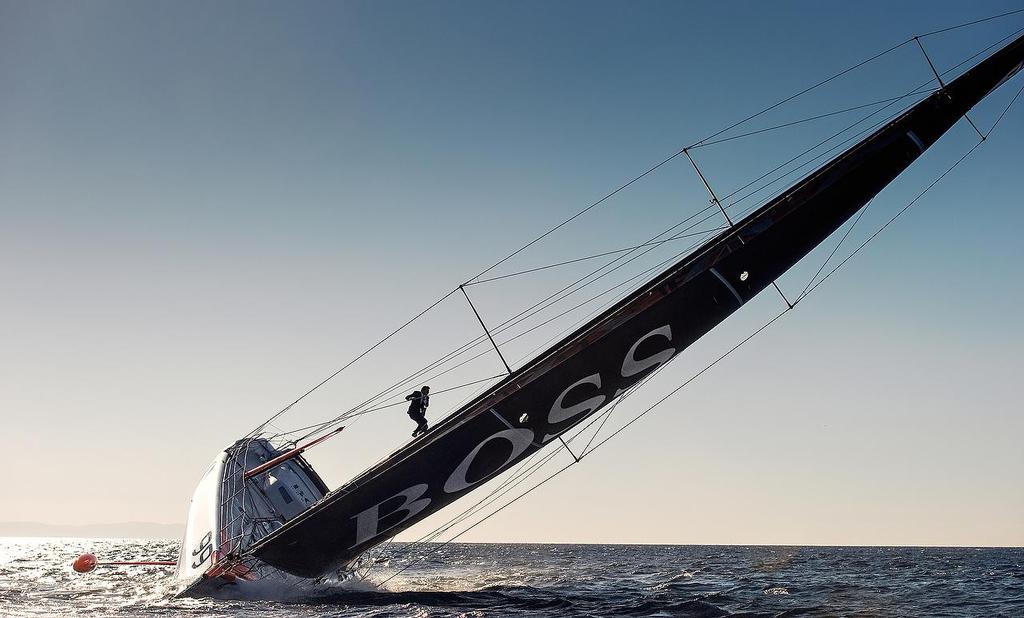 Pictures of Alex Thomson the skipper of the Hugo Boss IMOCA Open 60 race yacht walking up the mast of his yacht whilst sailing.<br />
 © Lloyd Images/Alex Thomson Racing