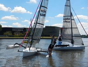 Attempt one at capsizing - need more weight! Weta Regatta, February 2014, Canberra, Australia photo copyright Miranda Powrie taken at  and featuring the  class