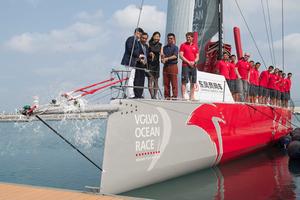 VO65 'Dongfeng' Official Launch Ceremony  From the left: Solo round the world sailor Guo Chuan who also competed in the Volvo Ocean Race 2008-09, Tong Dongcheng, the Vice President of Dongfeng Motor Corporation, Zhang Ning, Olympic badminton player, Mr Li Quan-Hai, Director of Watersports National Bureau of the China Yachting Association and Skipper Charles Caudrelier - Volvo Ocean Race 2014-15 photo copyright Dongfeng Race Team taken at  and featuring the  class