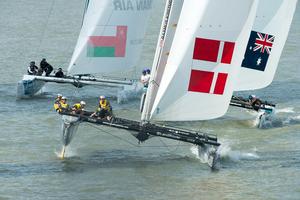 Oman Air, SAP and GAC Pindar. Day four of the Extreme Sailing Series regatta being sailed in Singapore. 23/2/2014 photo copyright Chris Cameron/ETNZ http://www.chriscameron.co.nz taken at  and featuring the  class