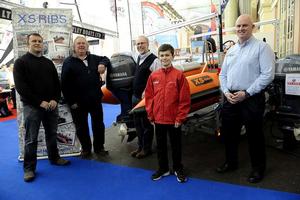 (L-R) Gareth Tweedle (Ben Tweedle Father), Philip Bloodworth (Techno Class Association chairman), Peter Whipp (Eric Twiname Trust Chairman), Ben Tweedle (Techno Windsurfer), Ed Stevens (RYA Equipment Store Manager) photo copyright  Chris Churchill http://www.churchillphoto.co.uk taken at  and featuring the  class