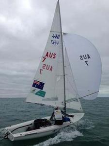 Sorrento's Tim Hannah in action while skipper Angus Galloway is in hiding - 2014 Australian 470 Championships photo copyright Brian Case taken at  and featuring the  class