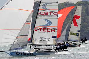 C-Tech and 7 side by side down the first run - JJ Giltinan 18ft Skiff Championship 2014 photo copyright Australian 18 Footers League http://www.18footers.com.au taken at  and featuring the  class